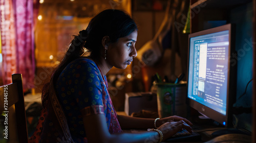An urban Indian woman deeply engrossed in late-night computer work at her home office