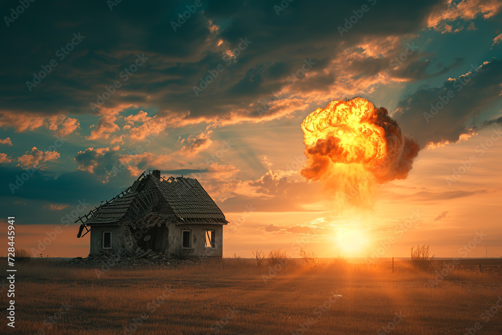 destroyed house against the backdrop of a nuclear explosion destroyed house against the backdrop of a nuclear explosion