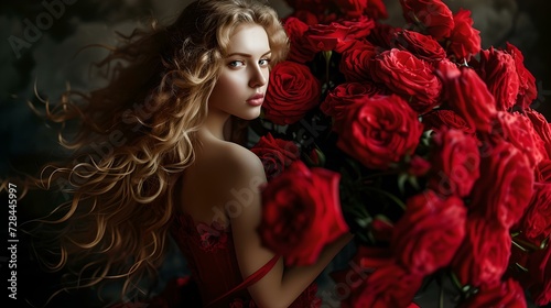 Elegant woman surrounded by vibrant red roses. portrait of beauty and romance. perfect for artistic and floral themes. AI