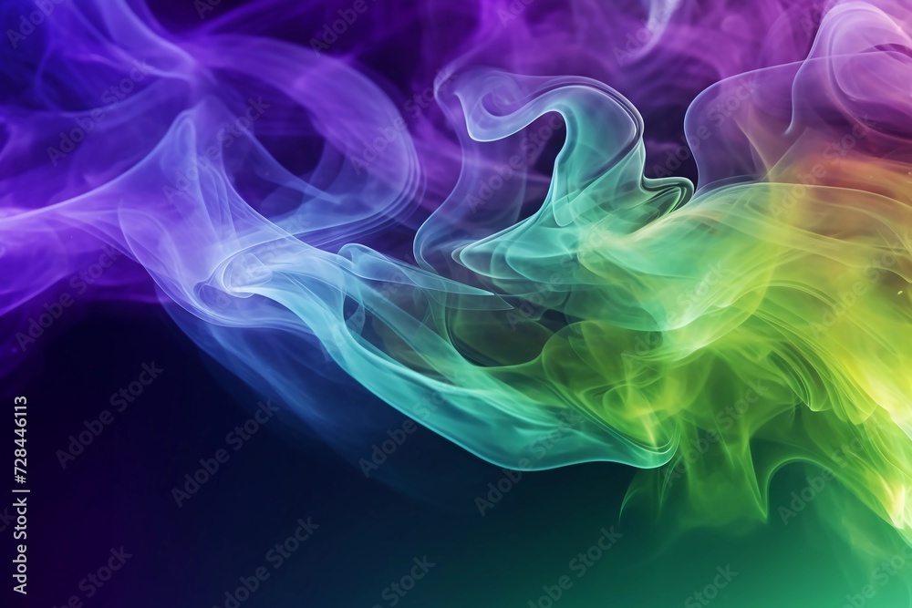 Obraz premium Purple, green, and yellow puffs of smoke. Mardi Gras colors horizontal background. Abstract wide-formar banner with copy space. AI Generated