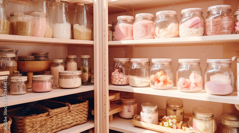 Organization of food storage. Cozy pantry with glass jars and wicker baskets. Light pink colour palette. Generative AI