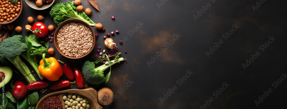 Wide flat lay view banner image of vegetarian day food banner with different types of vegetables and fruit items in a manner on dark wooden color table mockup with copy space Wide flat lay view banner image of vegetarian day food banner with different types of vegetables and fruit items in a manner on dark wooden color table mockup with copy space