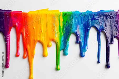 Rainbow-Colored Paint Dripping on White Background, Creating a Vibrant Banner with Colored Oil Streaks Colorful Oil Streaks