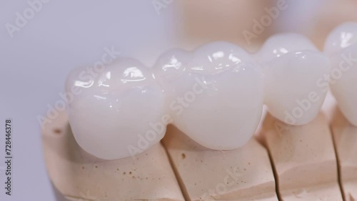 Zirconium crowns. Ceramic teeth with the implant on a plaster model isolated on a white background. Ceramic bridge on plaster model photo