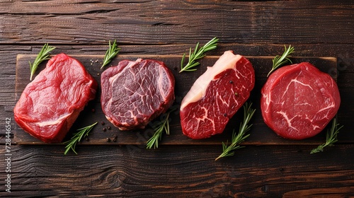 Variety of Raw Black Angus meat steaks on wooden board. top view with copy space