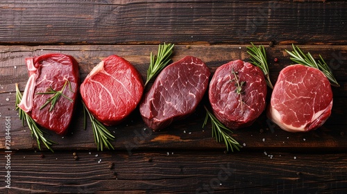 Variety of Raw Black Angus meat steaks on wooden board. top view with copy space photo