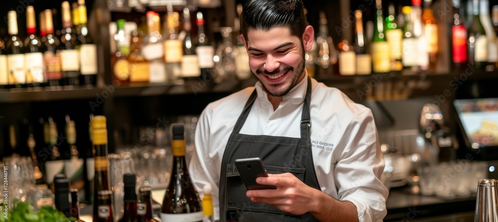 Happy bearded man enjoying his time, looking at his smartphone while sitting at a bar counter