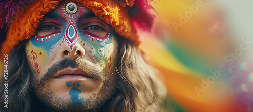 young bearded hippie man with colorful painted makeup, close up portrait © zgurski1980