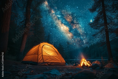 Camping on a starry night: a mesmerizing panorama under the cosmic sky with a tent, a fire and the Milky Way shining brightly.