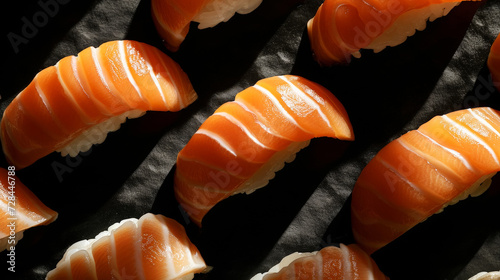 Flat lay of fresh nigiri of salmon and shrimp pattern. Black background. Aesthetic food concept. Generative AI