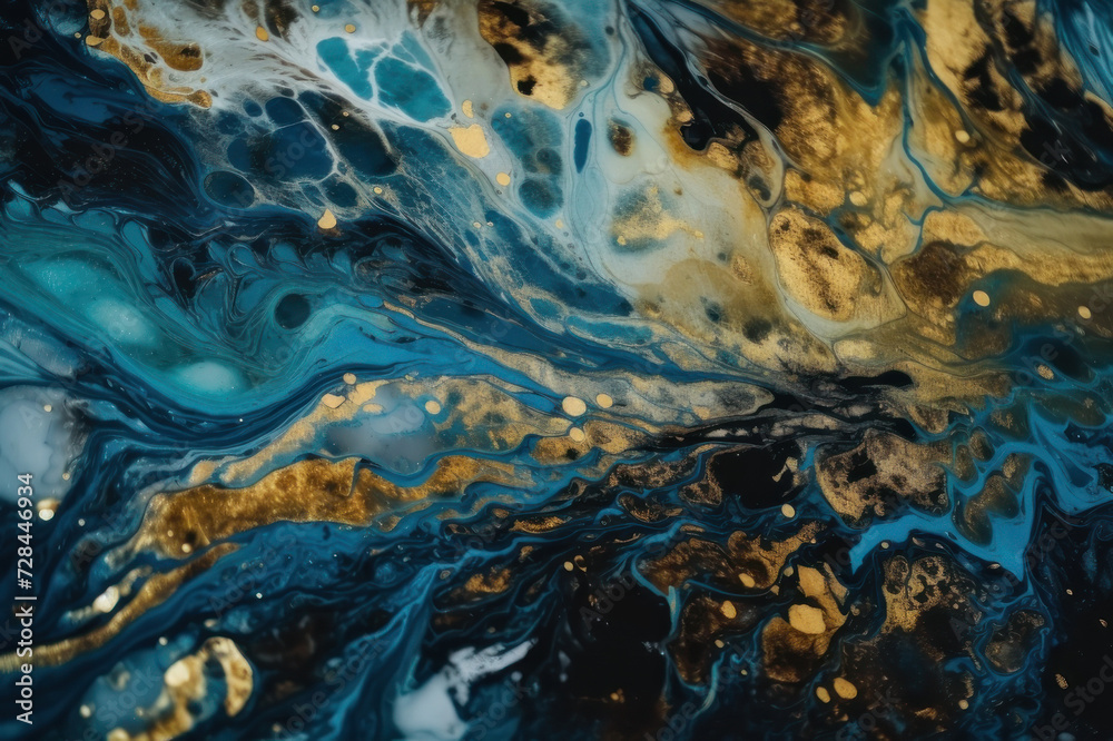 Abstract horizontal background, liquid paint, blue and gold acrylic. AI generative.
