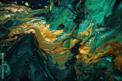 Abstract horizontal background, liquid paint, green and gold acrylic. AI generative.