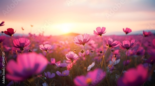 Beautiful and amazing of cosmos flower field landscape in sunset. nature wallpaper background © Emma