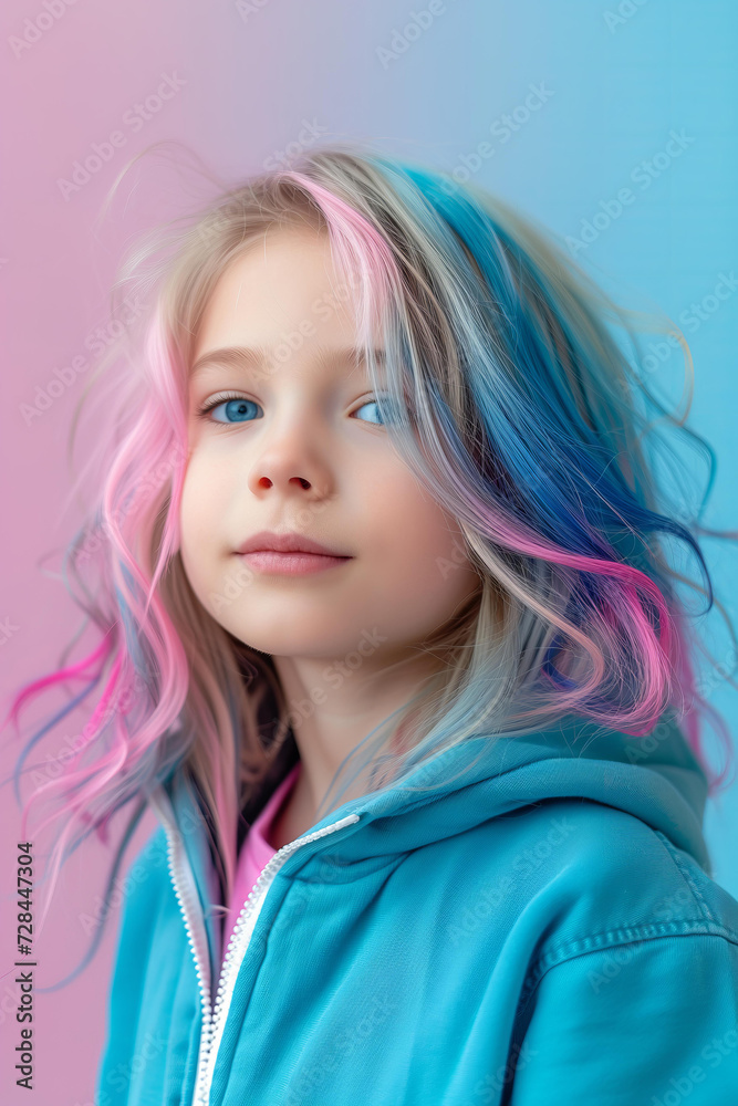  beautiful young girl with dyed colorful hair isolated on pastel background