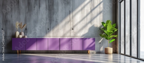 Interior design of purple cabinet on textured cement wall background. AI generated image