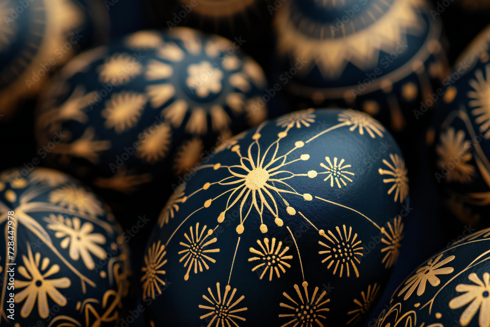 closeup shot of easter pattern of dark blue easter eggs decorated with golden folklore ornaments isolated on dark blue background