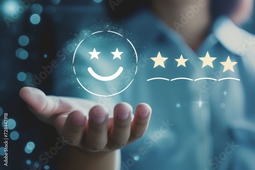 Experience excellent customer services happy smile, smiley face icon. Trustworthy support, top rated star ratings, positive feedback. Five star client service rating, customer success satisfaction. photo