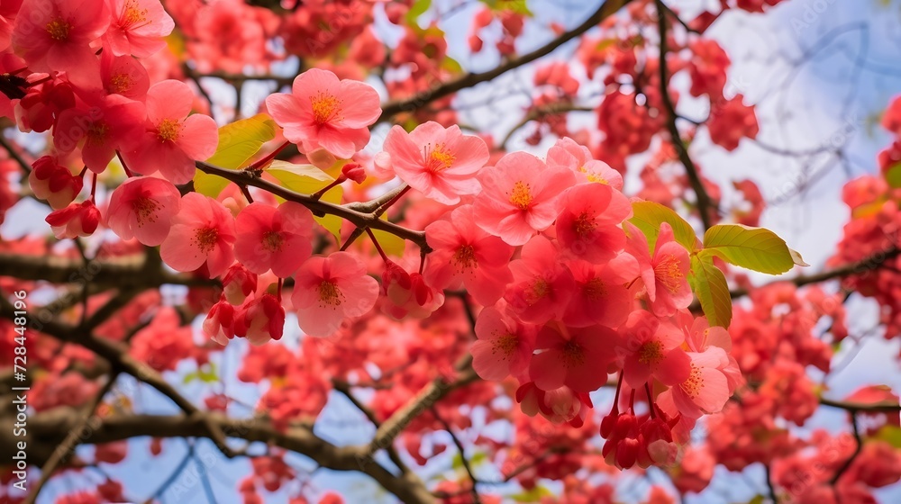 Close-up shot of bright red heart shaped leaves and brilliant pink blossoms on the same tree