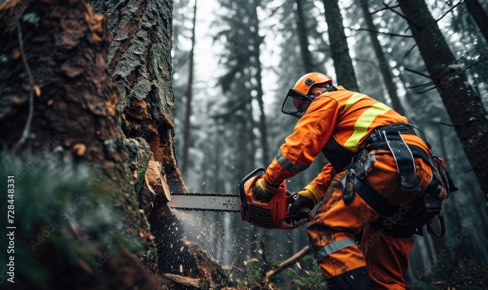 Action shots of lumberjack in orange suit and safety helmet cutting the trees with chainsaw in the amazing forrest. Action shots of lumberjack in orange suit and safety helmet cutting the trees with chainsaw in the amazing forrest.