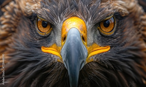 A macro portrait of amazing eagle, capturing the intricate patterns of its feathers and the striking details of its eyes and beak.