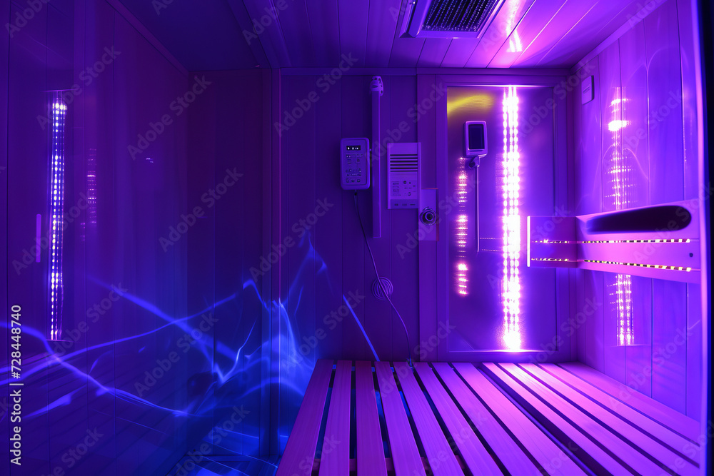 Personal infrared sauna illuminated by ultraviolet light
