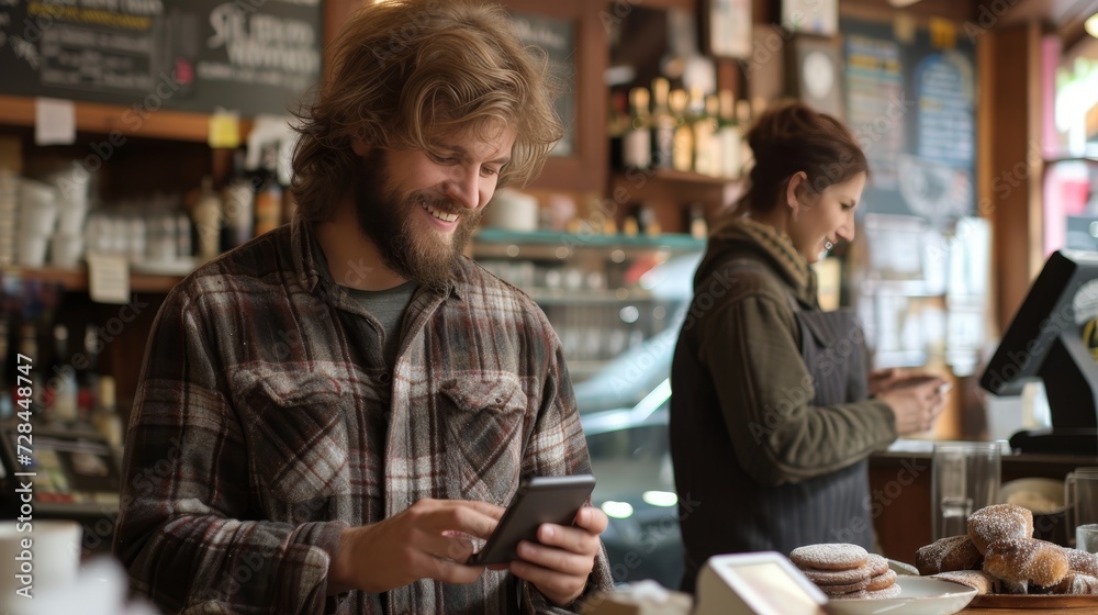 Joyful bearded man with a content smile looking at his smartphone while sitting at the bar counter Joyful bearded man with a content smile looking at his smartphone while sitting at the bar counter