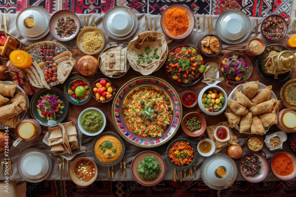 spread of various foods is laid out on a beautifully patterned tablecloth