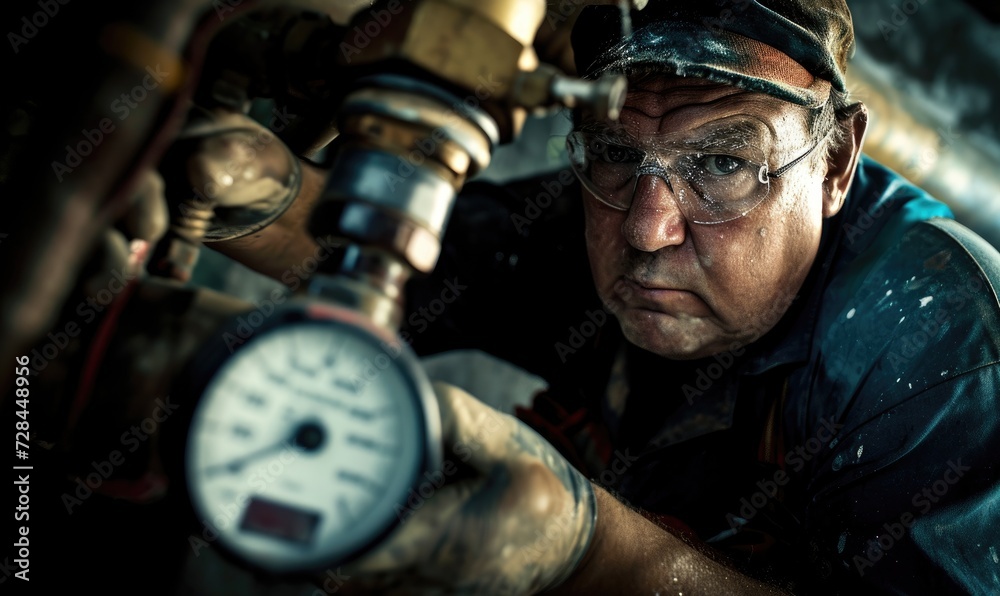 Plumber is checking water pressure with pressure gauge of leaky pipe in the boiler room during the afternoon. Plumber is checking water pressure with pressure gauge of leaky pipe in the boiler room during the afternoon.