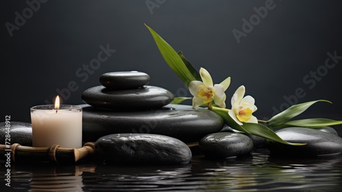 Tranquil flow bamboo and black stones create serene spa imagery