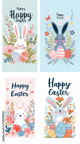  Easter poster with a bunny, flowers and eggs, pastel colors, modern, black background with text: "Happy Easter" 