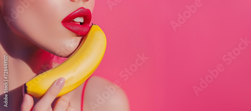  woman with red lips with banana