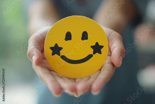 Experience excellent customer services happy smile, smiley face icon. Trustworthy support, top rated star ratings, positive feedback. Five star client service rating, customer success satisfaction. photo