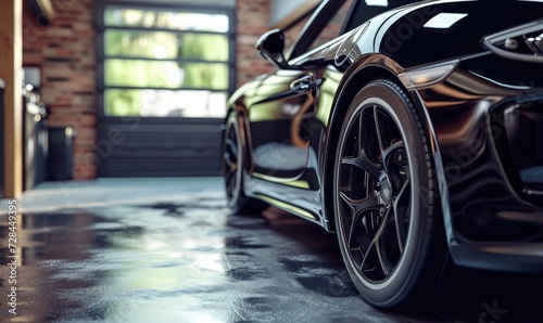 Capturing the sleek design and advanced technology of a luxury concept car, this close up highlights the intricate details of a parked vehicle's alloy wheel and synthetic rubber tire 