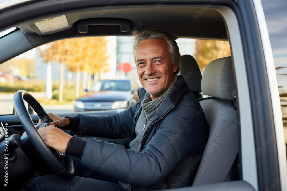 Happy Caucasian Businessman Driving New Car, Smiling and Proud, Inside White Antique Building