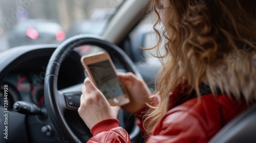 Distracted driving concept   young woman using smartphone while driving, not safe and risky behavior