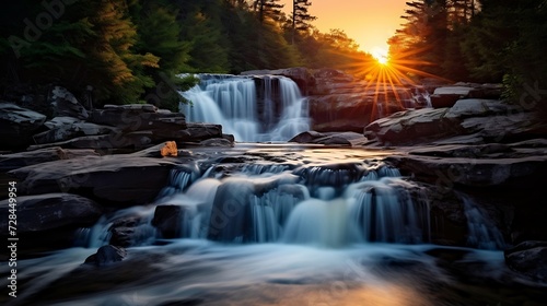 Motion Blur Waterfalls Nature Landscape in Blue Ridge Mountains Sunset with green trees rusty natural orange rocks and flowing water