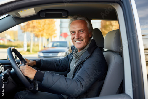 Happy Caucasian Businessman Driving New Car, Smiling and Proud, Inside White Antique Building