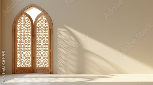 Details of Arabic architecture. Serene 3D scene of an open window with intricate Arabic patterns on beige wall casting warm sunlight. Arab-style open window with sutters