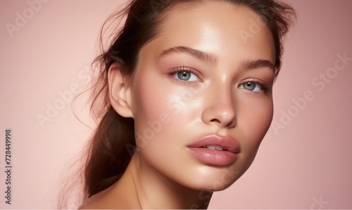 Portrait of young beauty, as a skincare campaign with pink gradient background