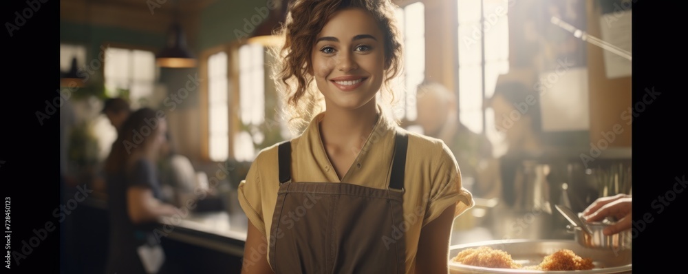 Portrait of a pretty young smiling waitress in a restaurant.