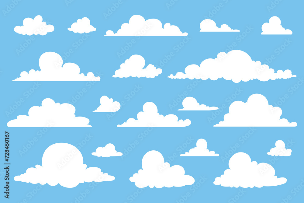 Collection of abstract flat cartoon and fluffy cloud icons. - obrazy, fototapety, plakaty 