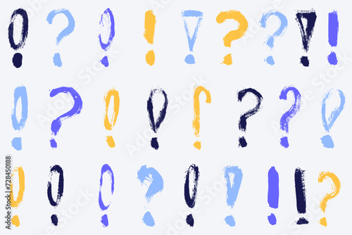 Collection of hand drawn exclamation and question marks.