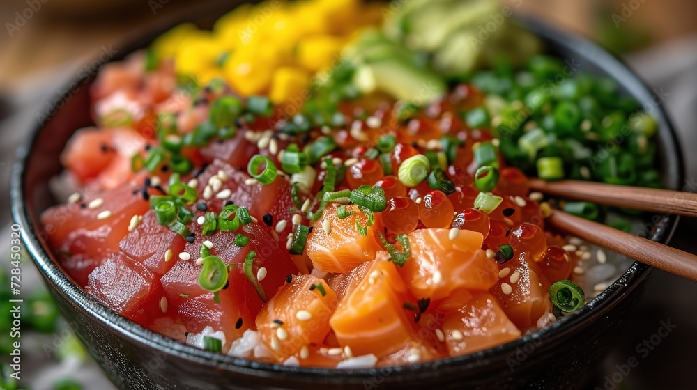 Close-up hawaiian salmon fish poke bowl with rice, radish, cucumber, edamame Close-up hawaiian salmon fish poke bowl with rice, radish, cucumber, edamame