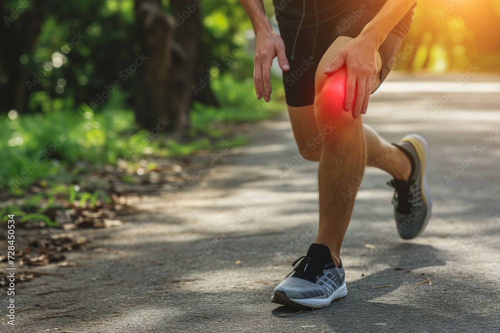 Man suffering from a knee injury during his run. Athlete with muscle pain during running