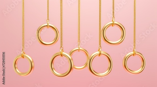 Banner with elements of gold decor in the form of rings on a pink background. Symbol of spring March, greeting card.Happy International Women's Day.