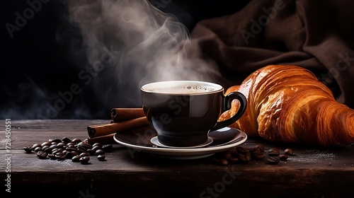 Pouring coffee with smoke on a cup with breads or bun croissant and bakery on white wooden table © Emma