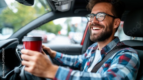 Young man driving car with a cup of coffee to go in hand, enjoying his morning commute