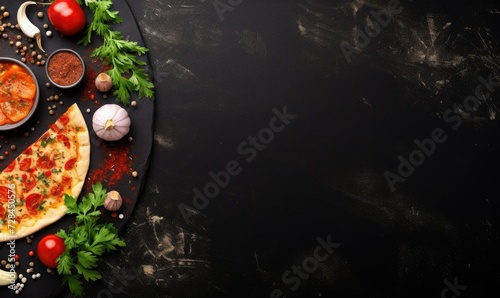 A traditional delicious italian pizza with ingredients on black background, top view. © Daniela