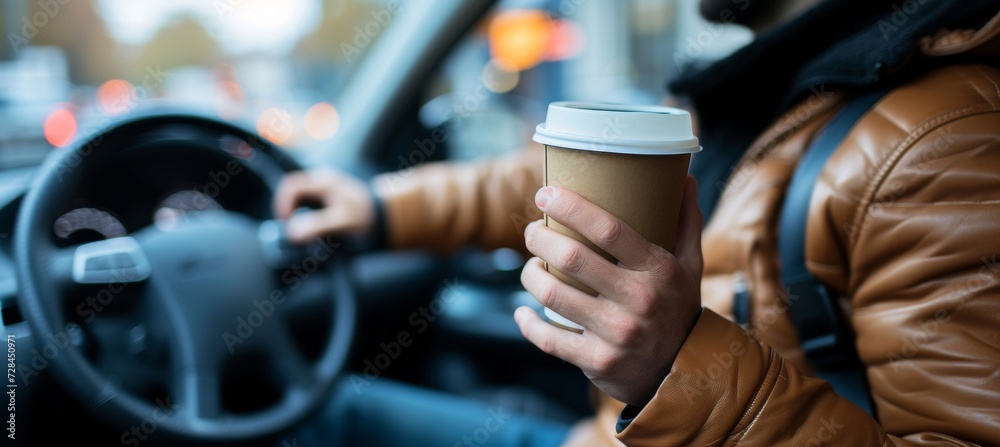 Young man driving car with coffee to go cup in hand   concept of mobility and convenience