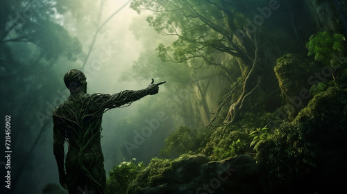 green plannet and man pointing to encuerange to take care the environment
 photo